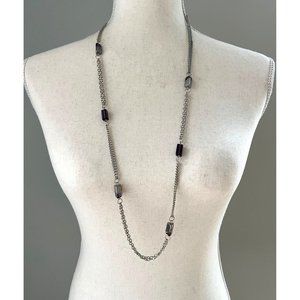 */$25 Long Silver Tone Chain Station Necklace with Grey and Purple Glass Beads